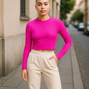 Pullover Rhinestone‎ Long Sleeve T-Shirt Crop Tops Tees See-Through Sheer Shirt